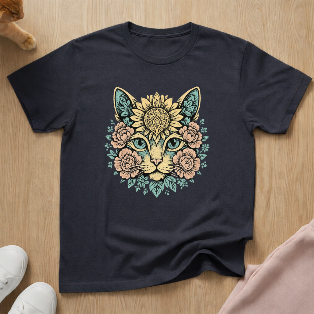 Floral cat face cat T-shirt
