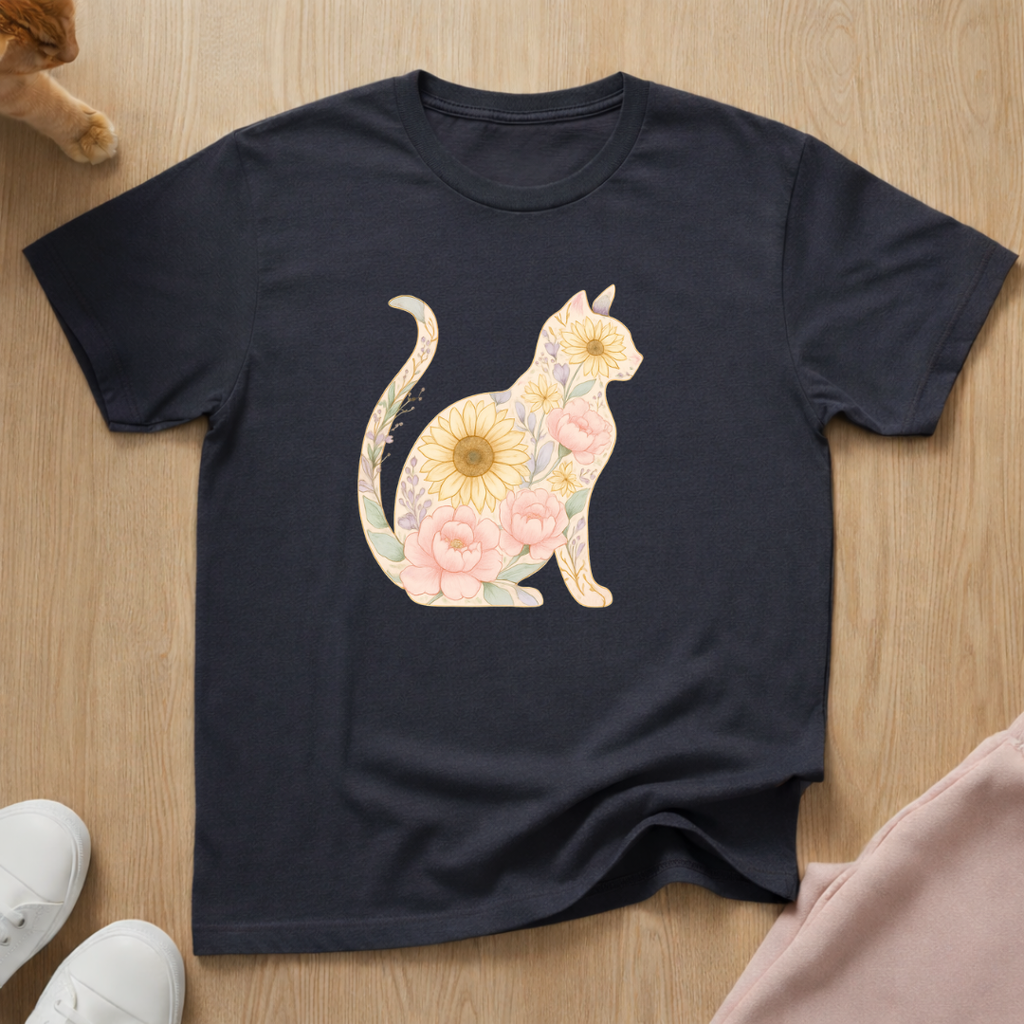 Floral silhouette cat T-shirt