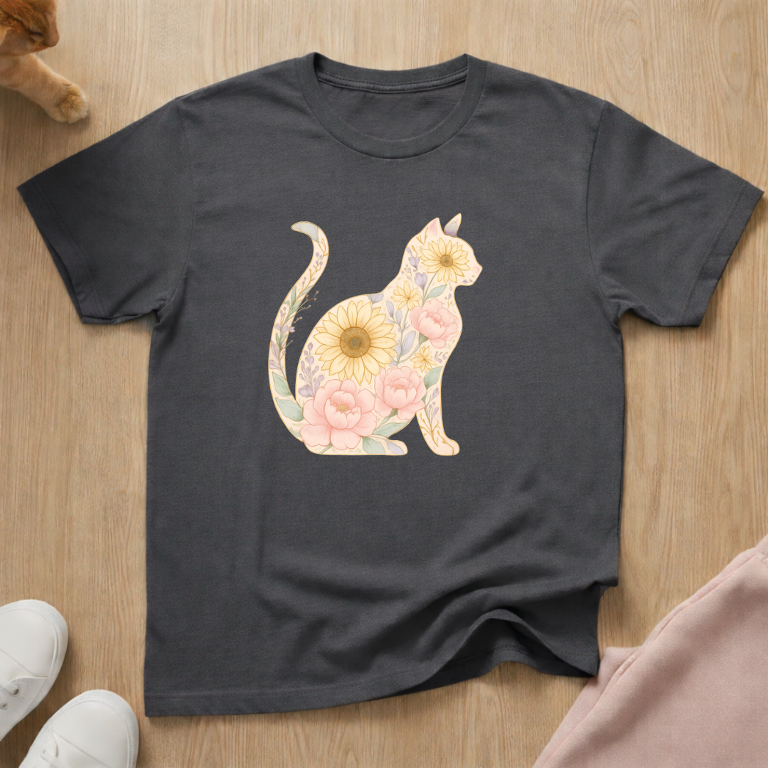 Floral silhouette cat T-shirt