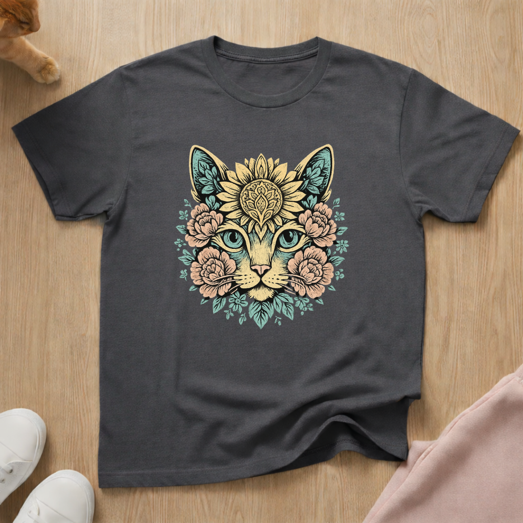 Floral cat face cat T-shirt