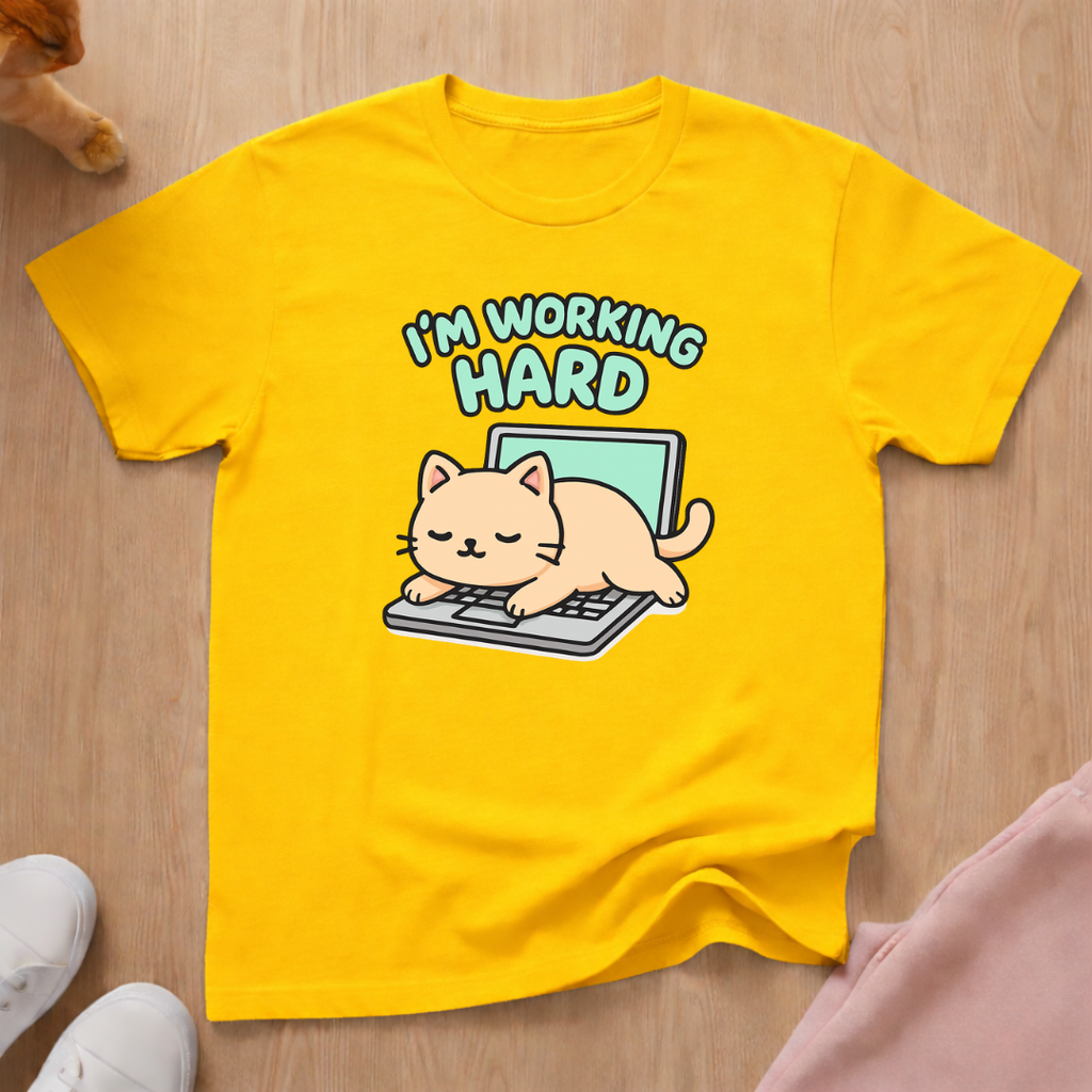 Working hard cat T-shirt
