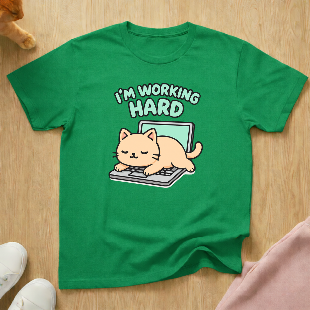 Working hard cat T-shirt