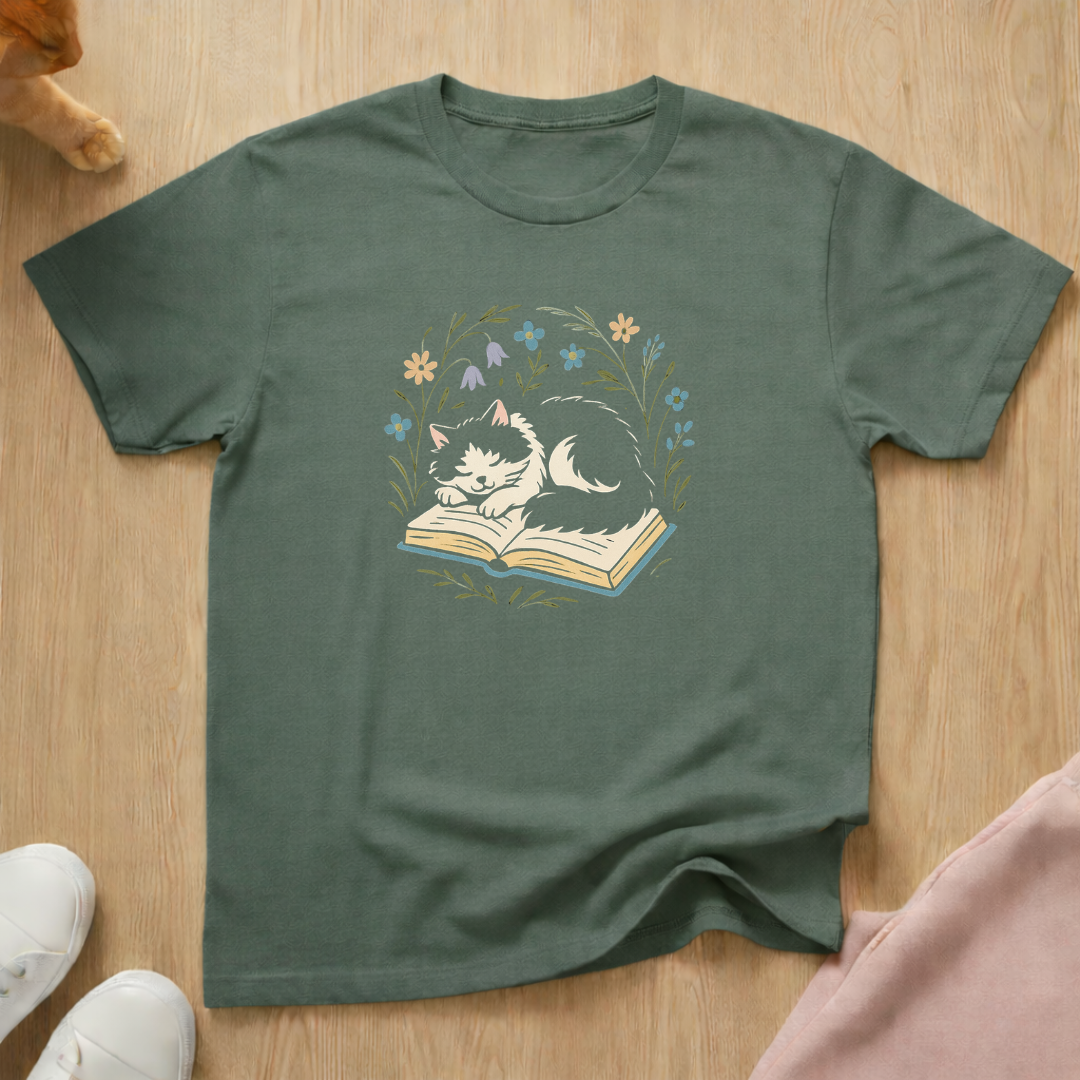Cat on Book 2 cat T-shirt