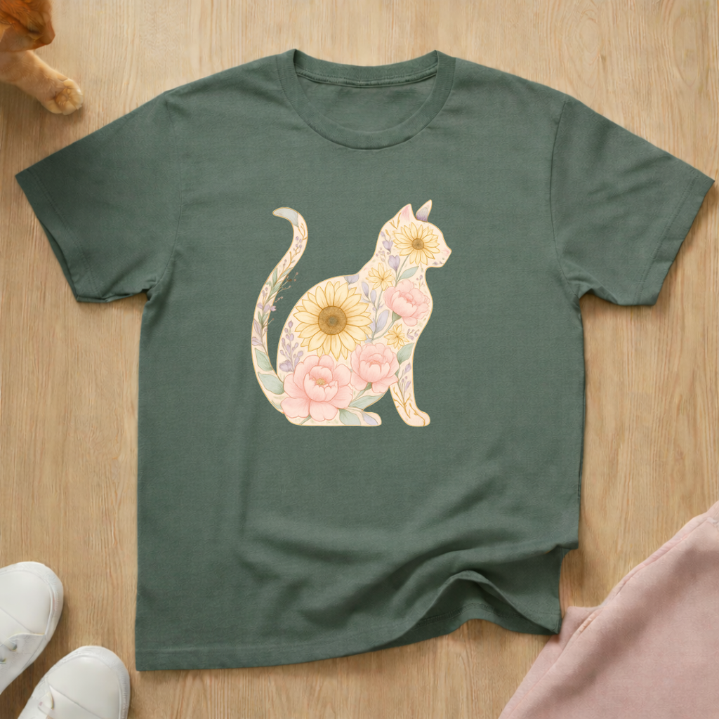 Floral silhouette cat T-shirt