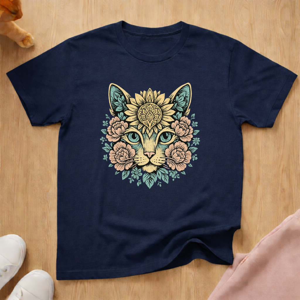 Floral cat face cat T-shirt