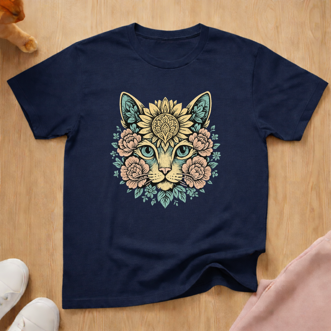 Floral cat face cat T-shirt