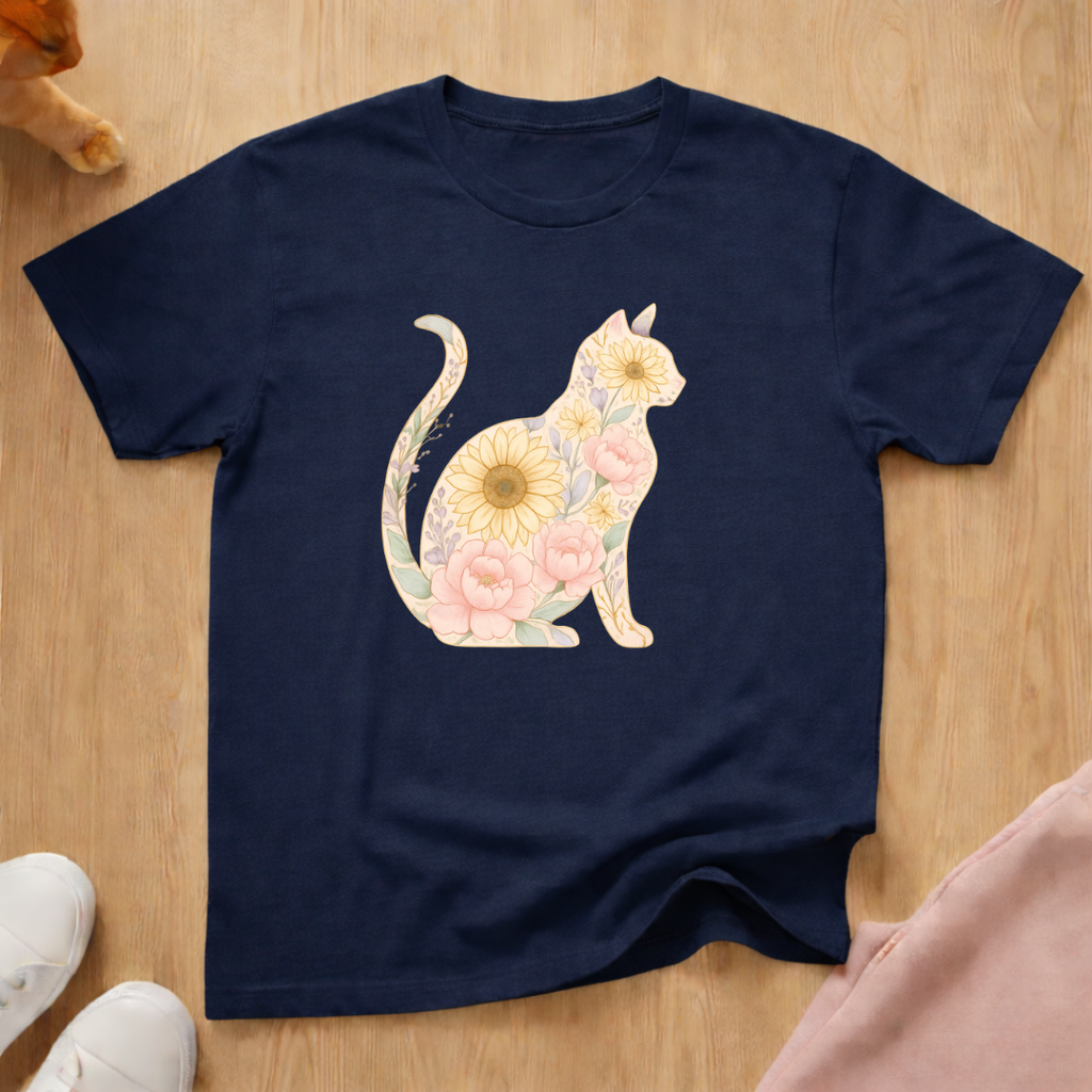 Floral silhouette cat T-shirt