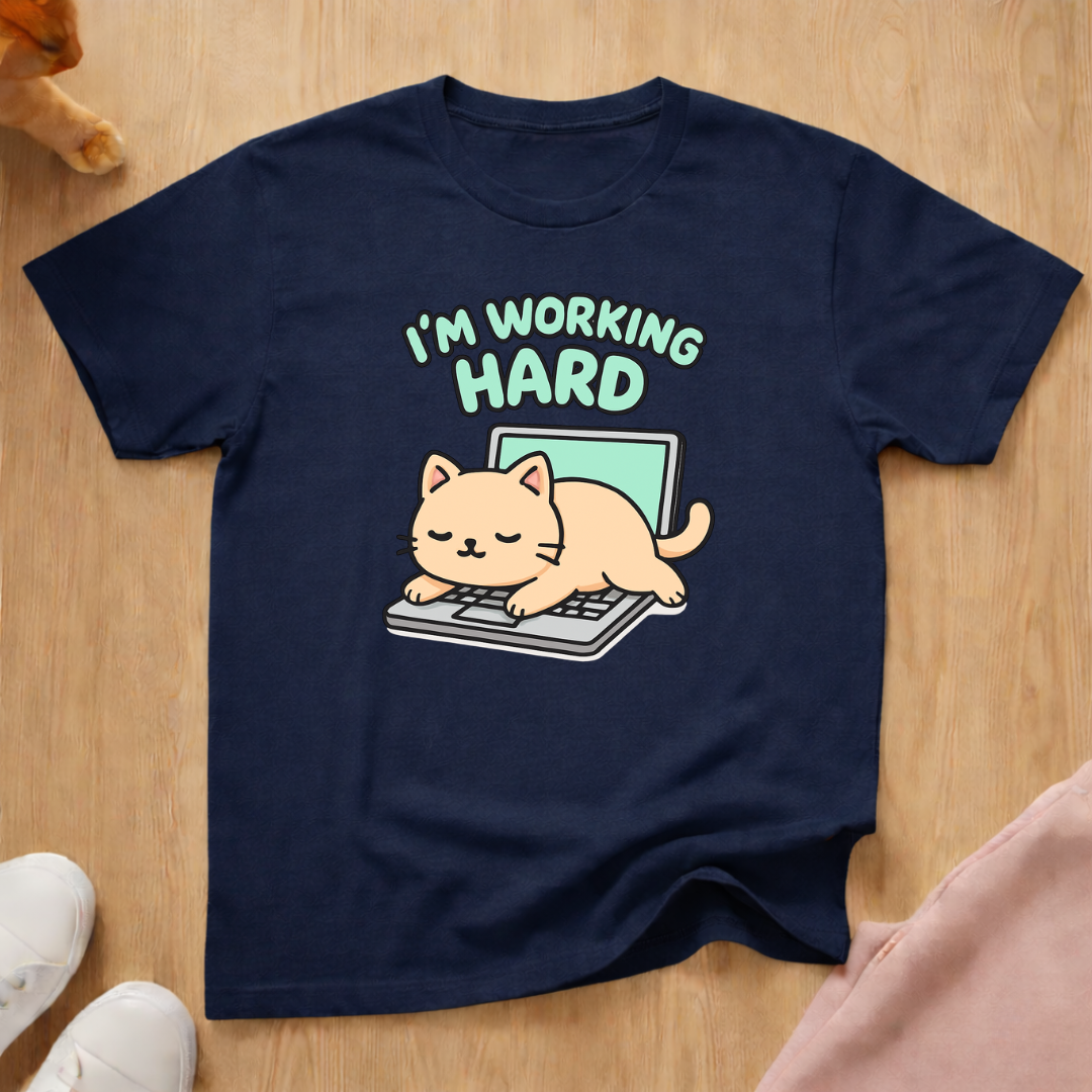 Working hard cat T-shirt
