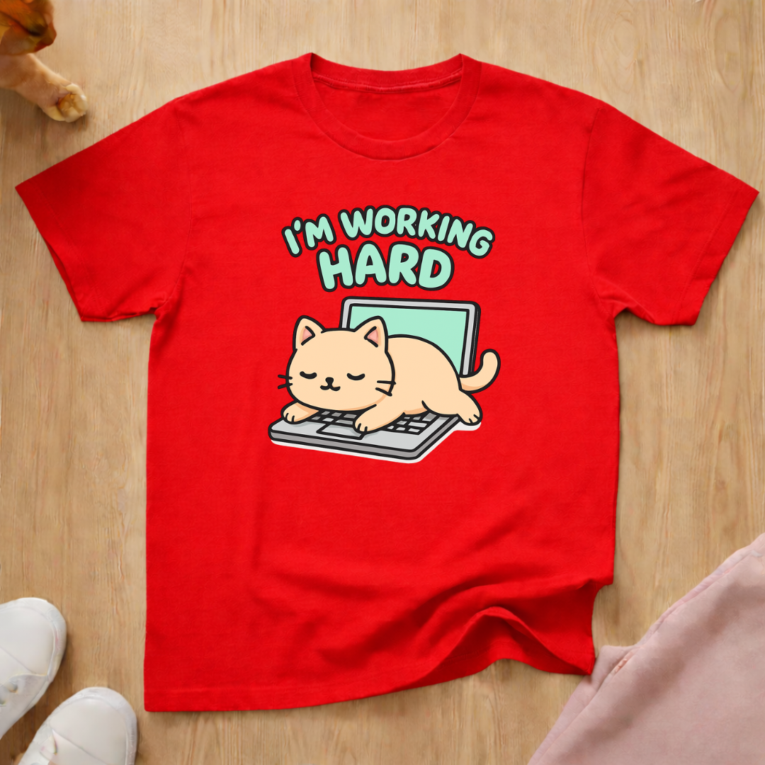 Working hard cat T-shirt