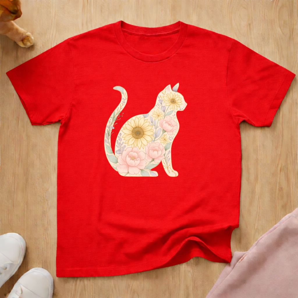 Floral silhouette cat T-shirt