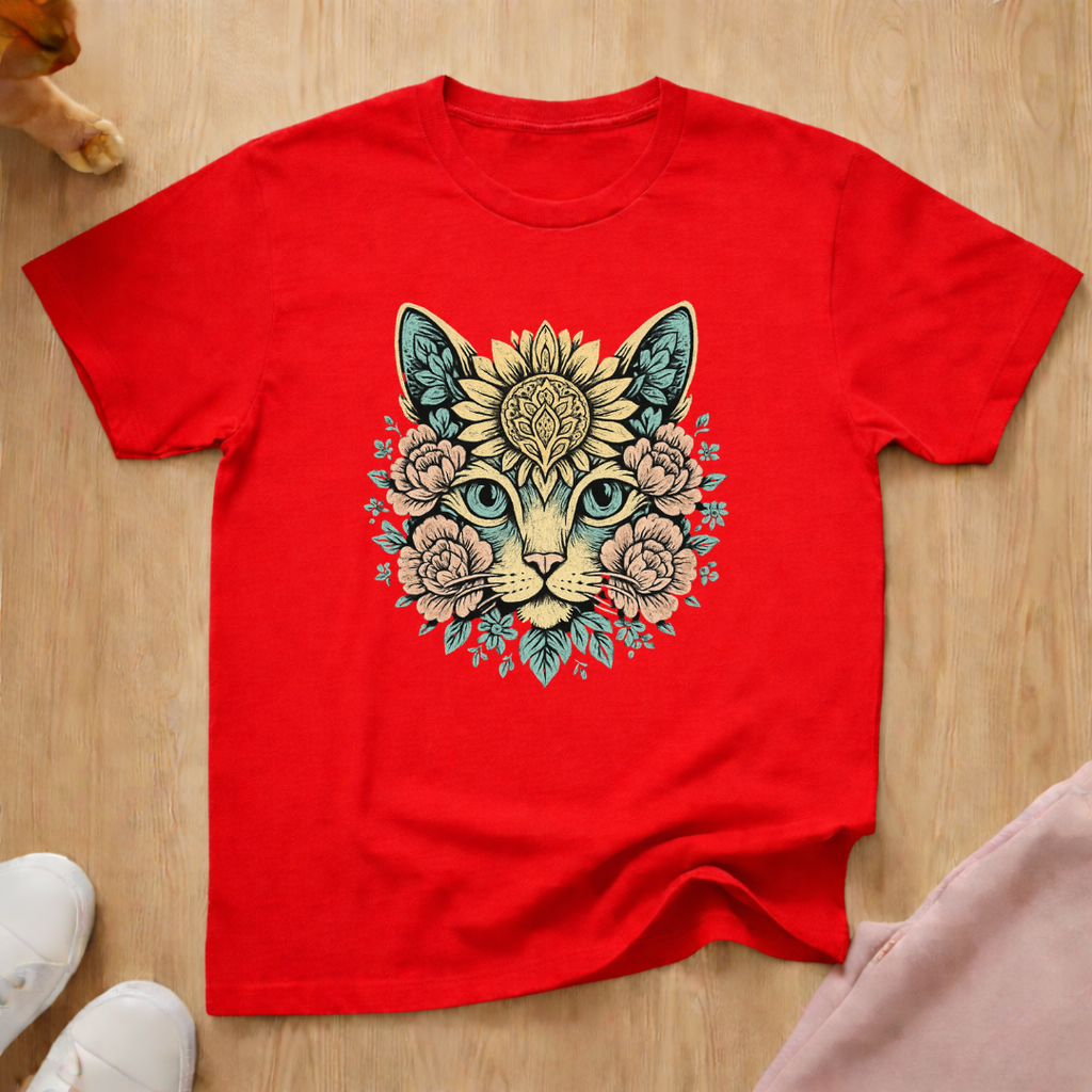 Floral cat face cat T-shirt