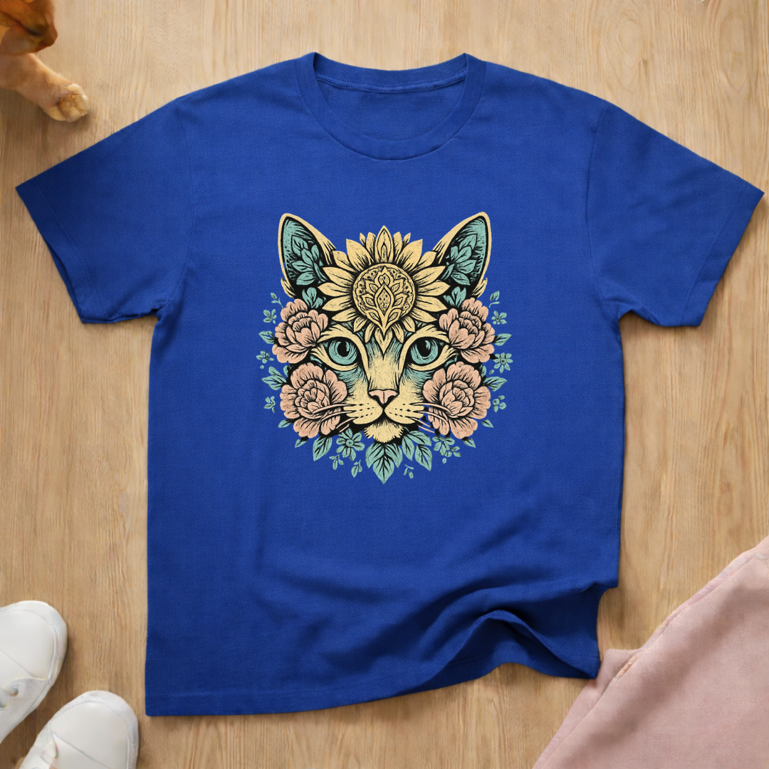 Floral cat face cat T-shirt