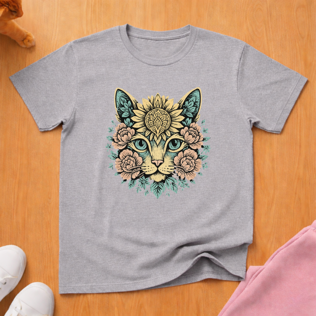 Floral cat face cat T-shirt