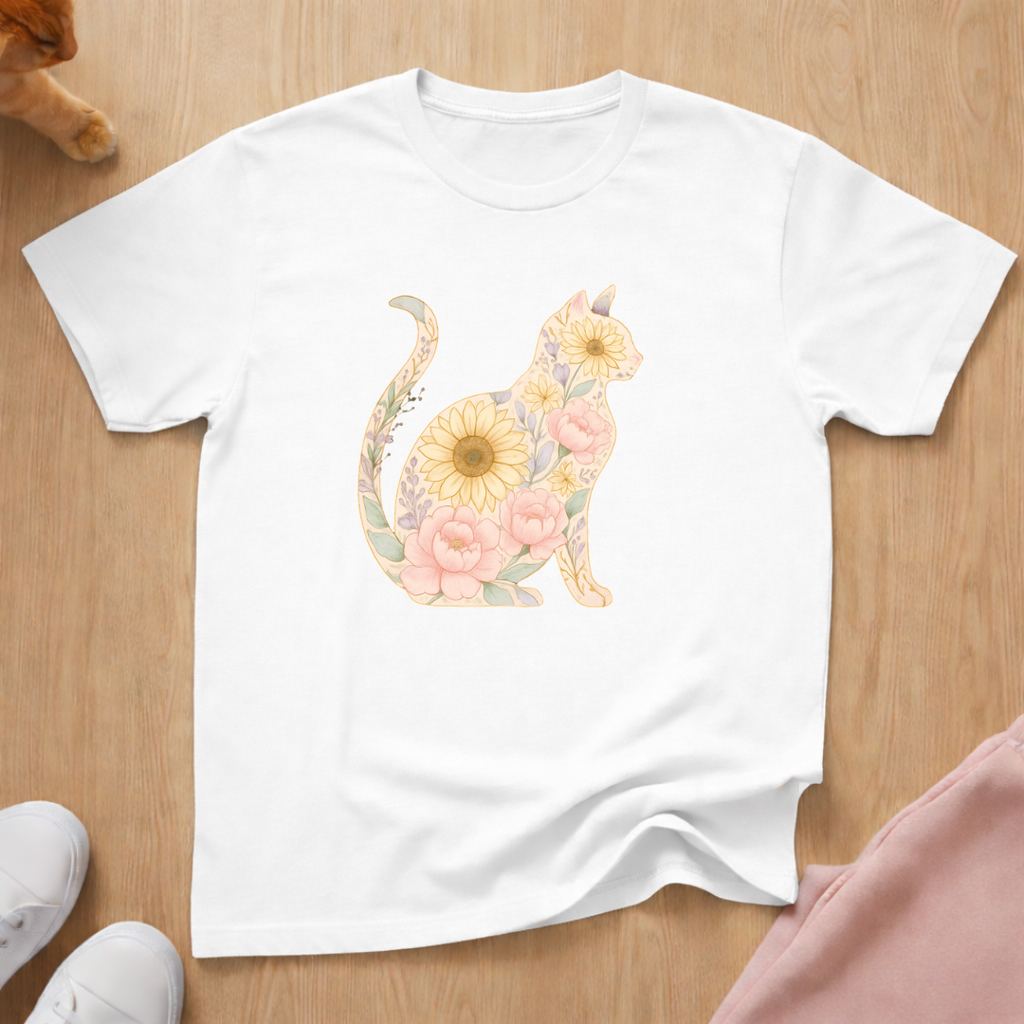 Floral silhouette cat T-shirt