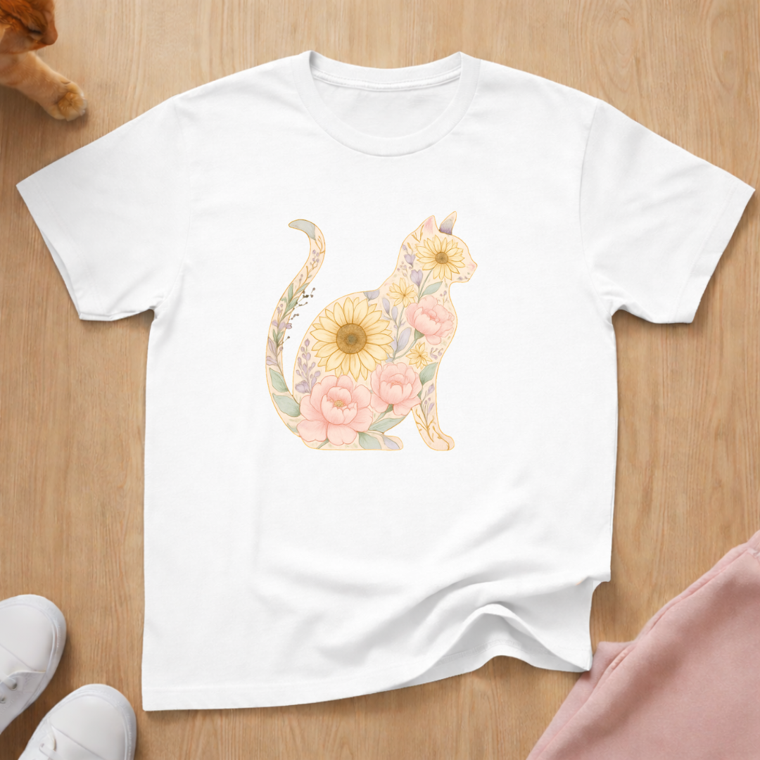 Floral silhouette cat T-shirt