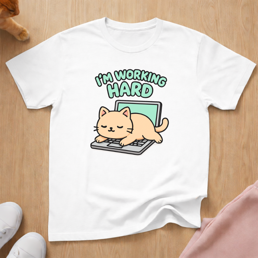 Working hard cat T-shirt